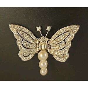 Vintage Butterfly Faux Pearl/Rhinestone Brooch / Possibly Crown Trifari (506)
